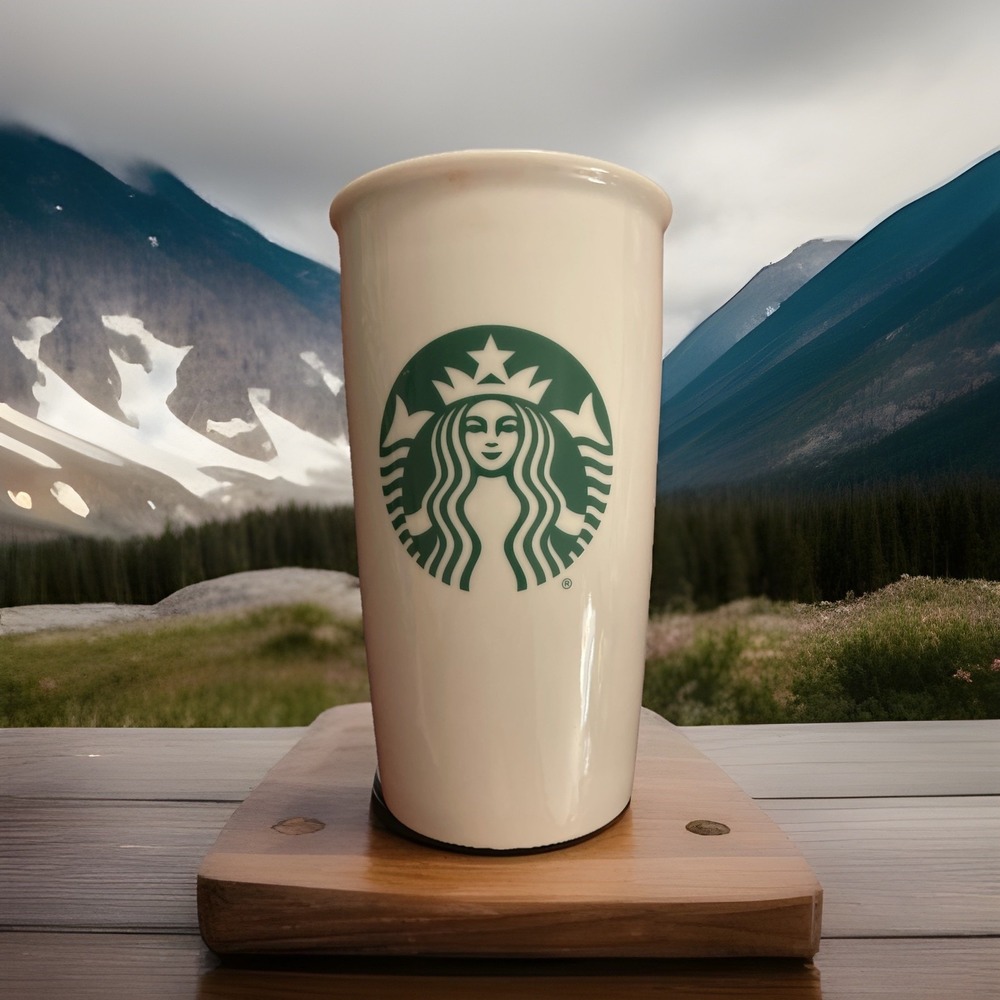 Starbucks 2015 White Ceramic‎ Travel Mug 12Oz Tumbler w/Lid-Mermaid Logo-Classic